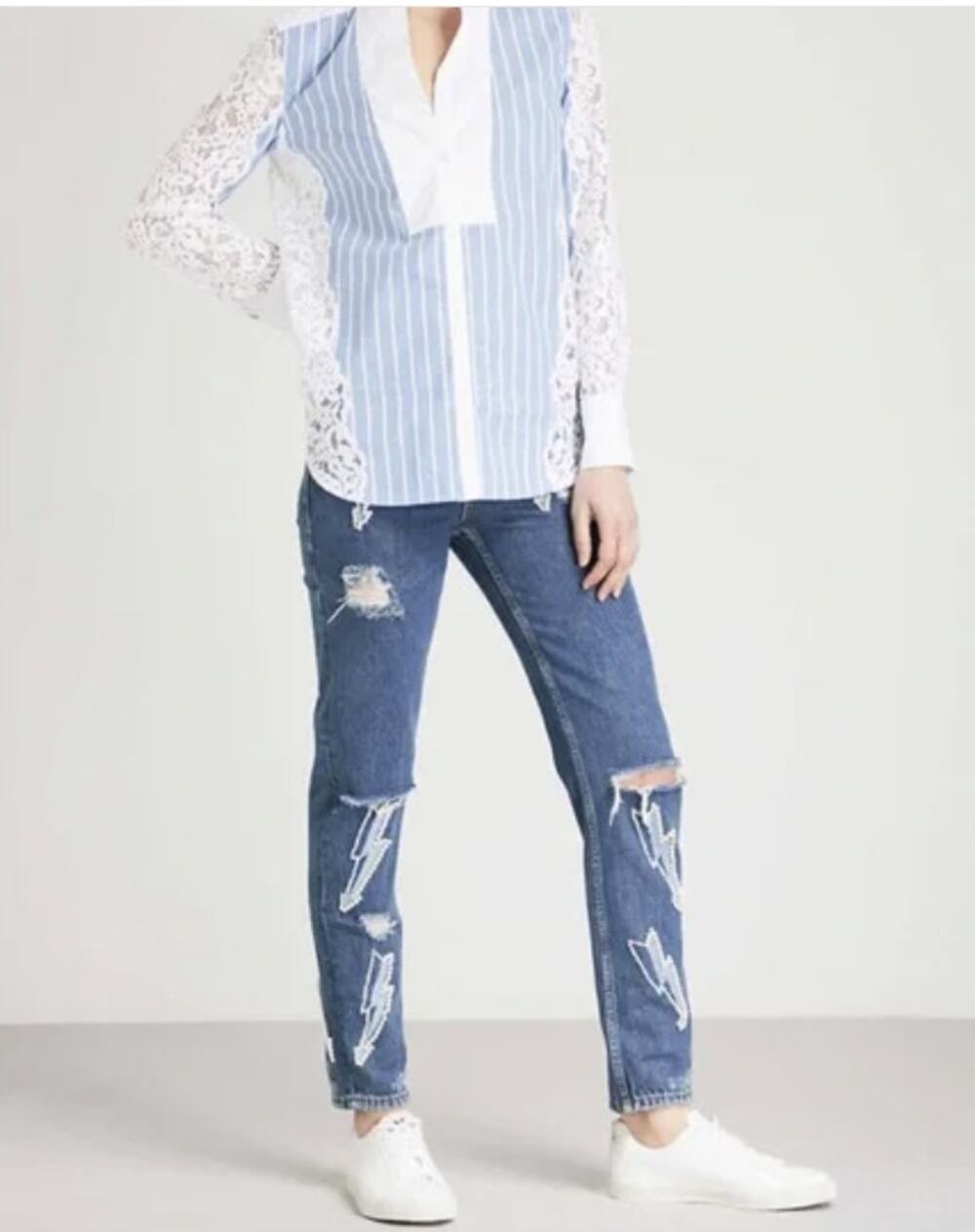 Sandro Paris Rebecca Distressed Lightning Bolt High Waist Straight Jeans Blue 6